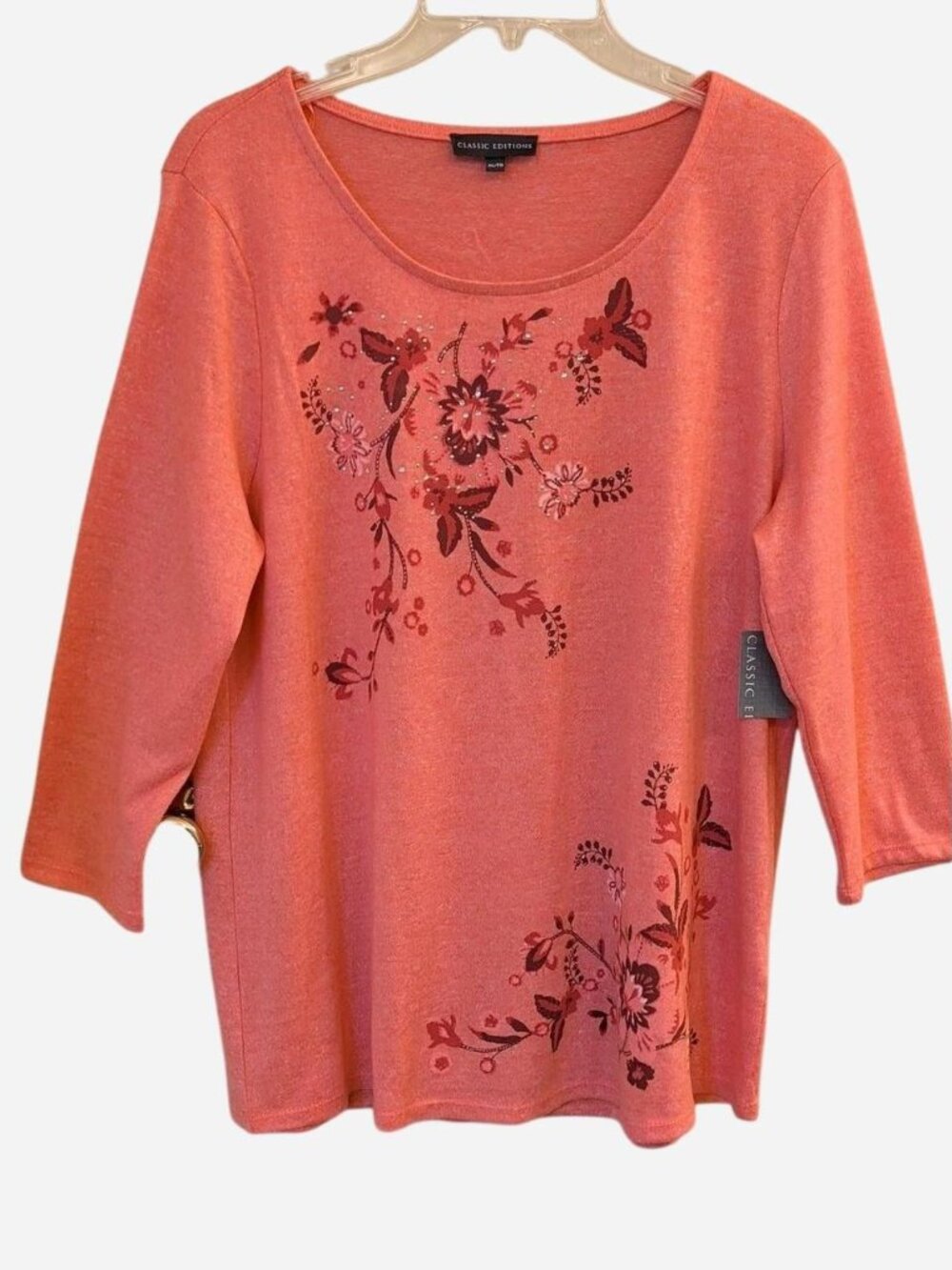 Classic Editions Coral Floral Rhinestone Top Size XL NWT